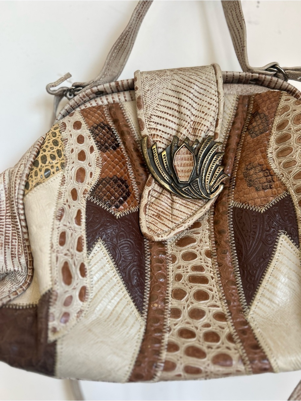 Women’s Patchwork Leather Satchel Handbag in Beige and Brown - Picture 2 of 6